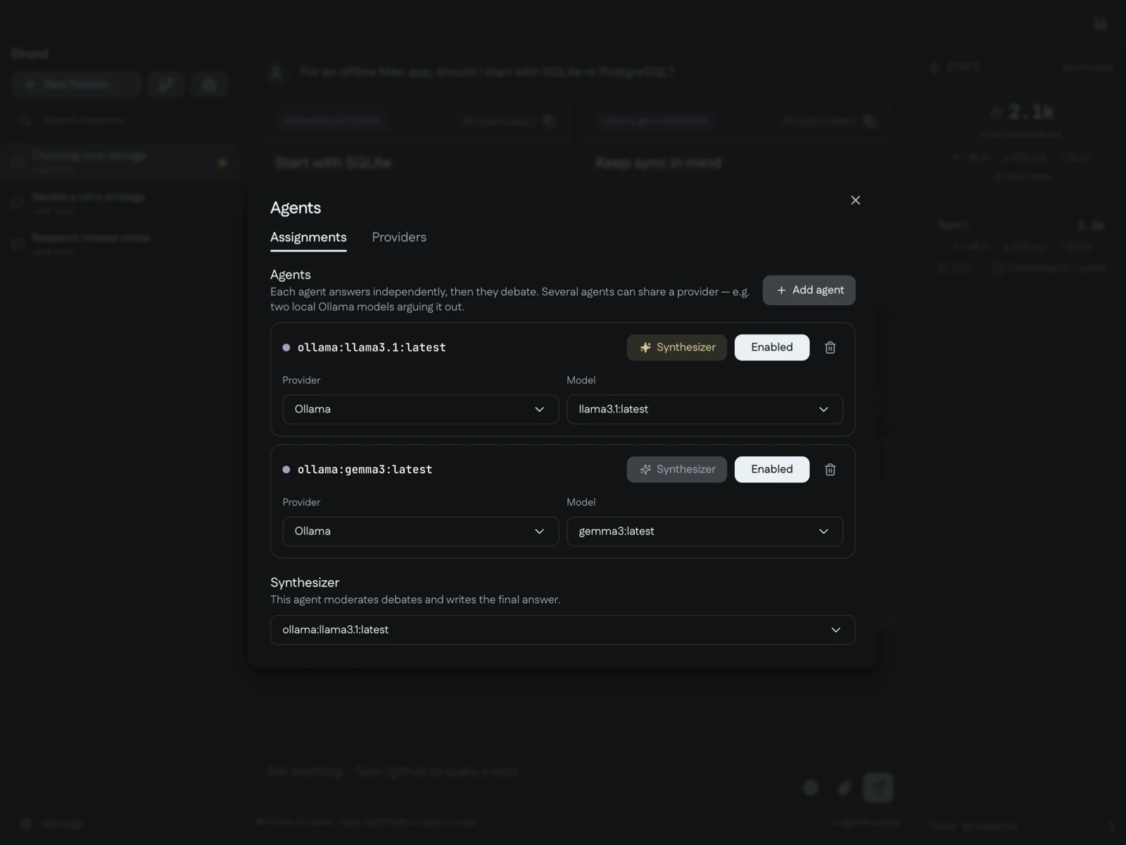 Elrond Agents dialog with provider assignments, two enabled agents and a synthesizer selector