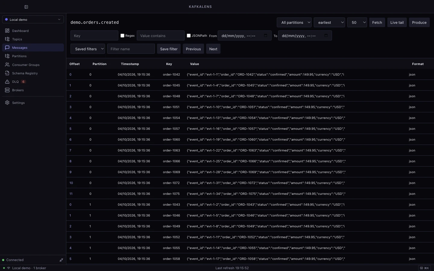 KafkaLens message browser showing keys, partitions, offsets and example JSON events