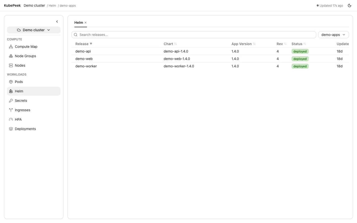 KubePeek Helm release table with deployed example charts in a demo namespace