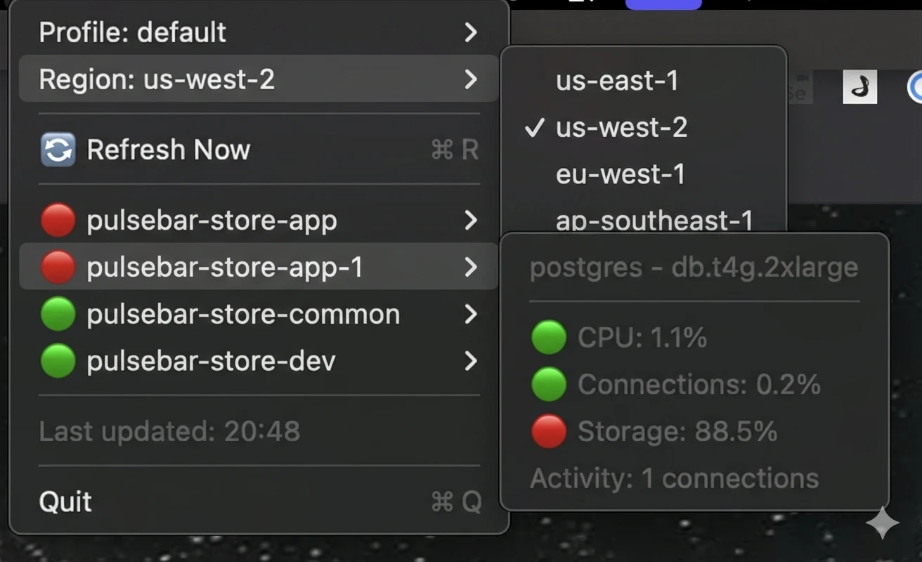 PulseBar menu with profile and region selectors and database health metrics